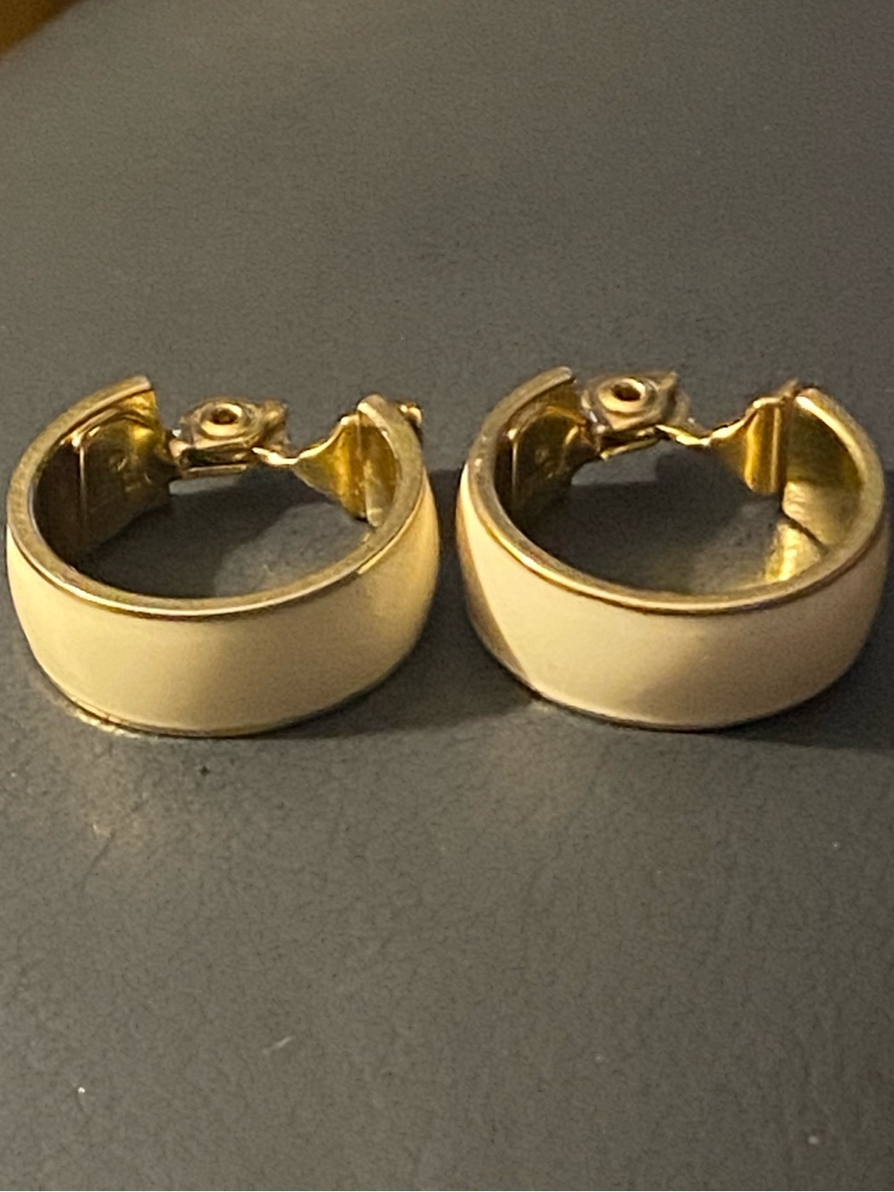 Vintage Monet Gold Tone Metal Ivory / Cream Enamel Clip-On Hoop Earrings